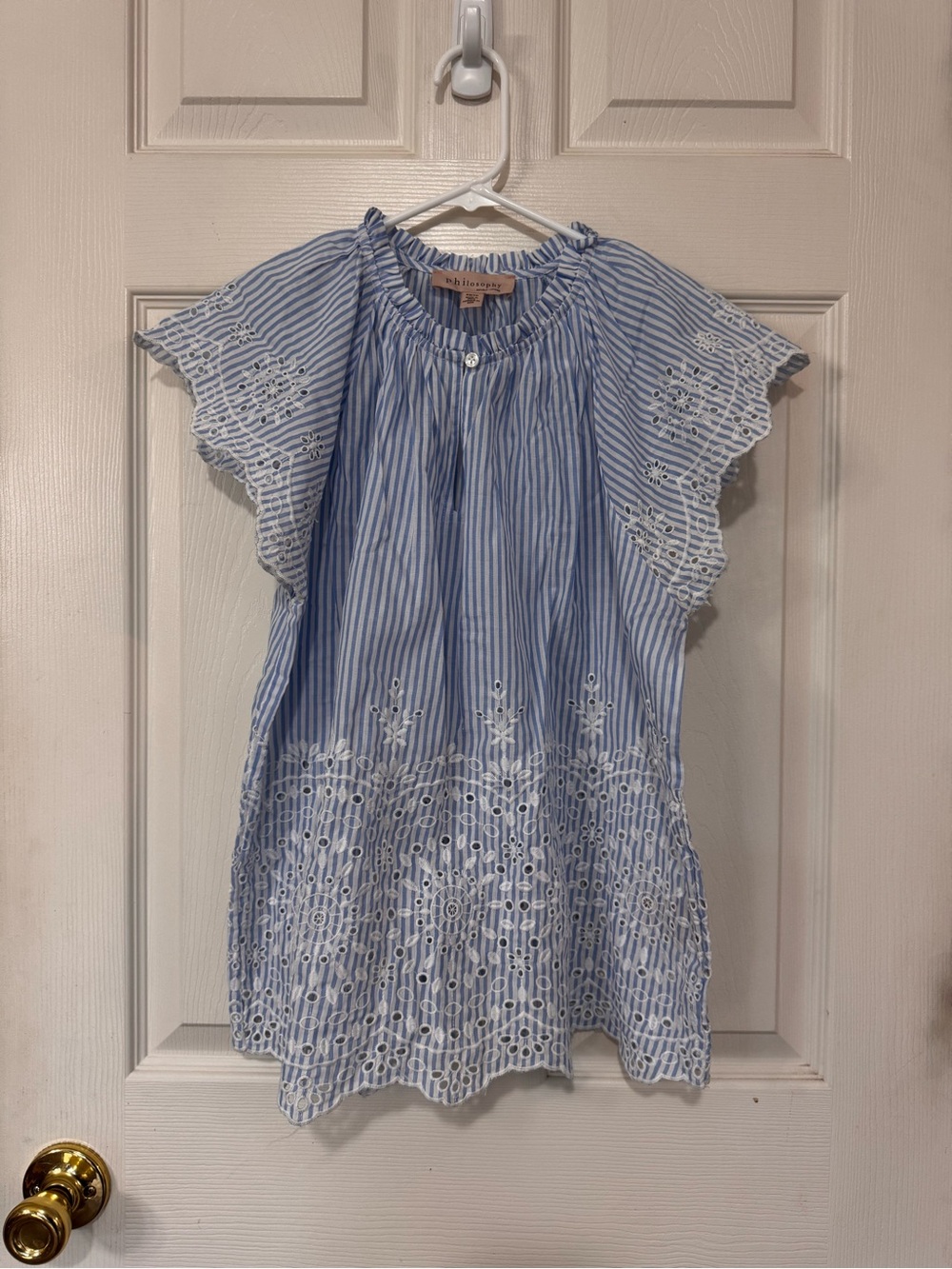 Philosophy Cottagecore Blue White Stripe Eyelet Lace Ruffle Blouse XS Coastal